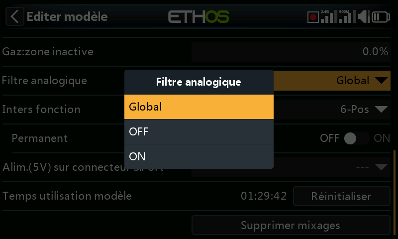 Options du filtre analogique