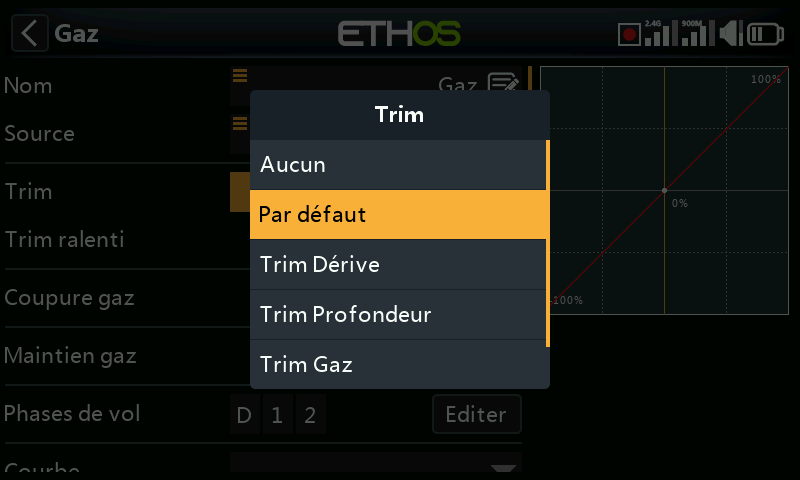Menu du trim de ralenti
