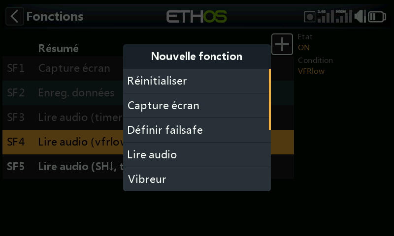 Menu des fonctions spéciales