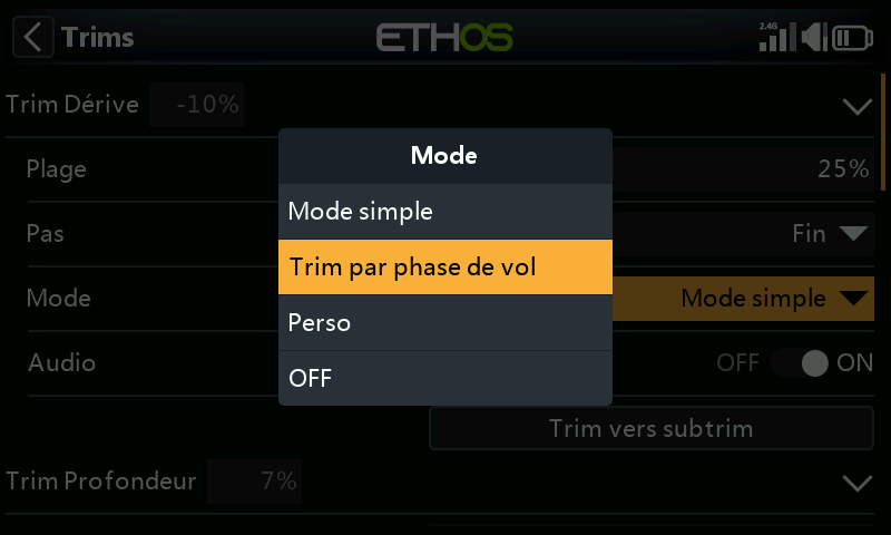 Mode : indépendant par mode de vol
