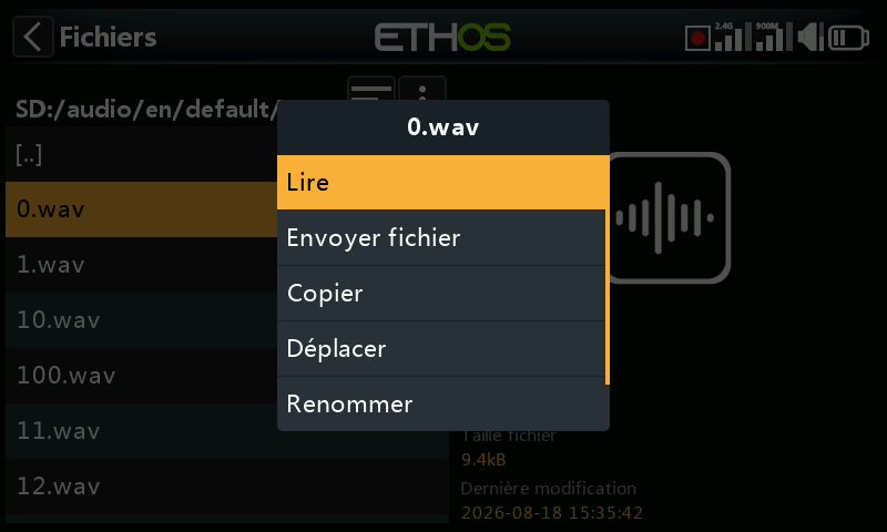 Menu contextuel pour un fichier Wav