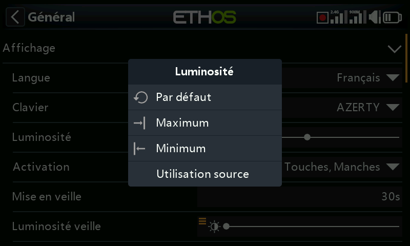 Menu pour la luminosité