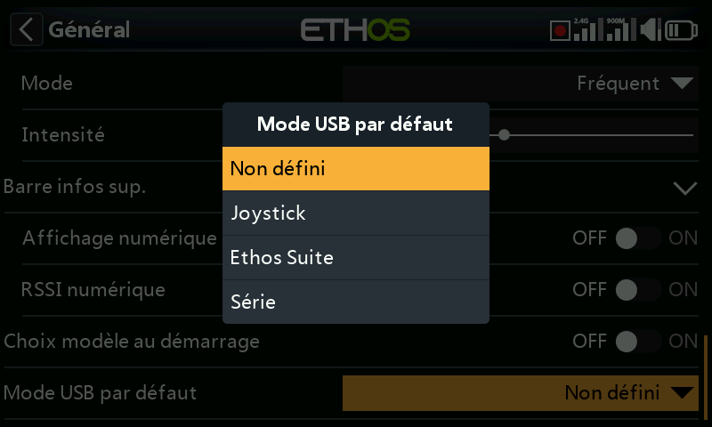Présélection du mode USB