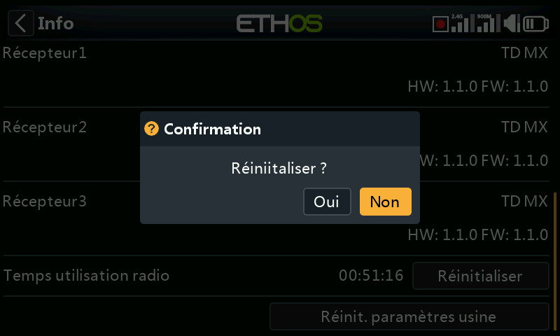 Confirmation de réinitialisation de la radio